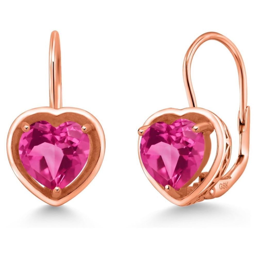 18K Rose Gold 925 with 2.80 Cttw 7MM Pink Sapphire Heart Leverback Drop Earrings